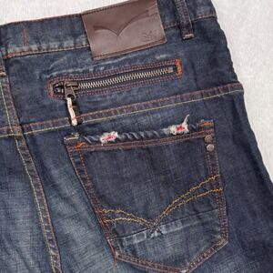 SYN Jeans Bootcut Distressed Jeans Mens 38/32 Dark Wash Blue Zip Pocket Whisker